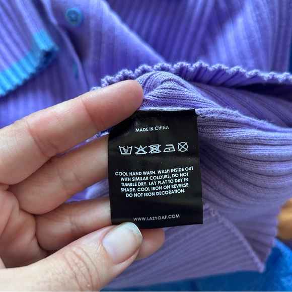 Lazy Oaf Sz US 2/XS Tiny Heart Polo Ribbed Knit Stretch Cotton Purple Cropped - Picture 8 of 10